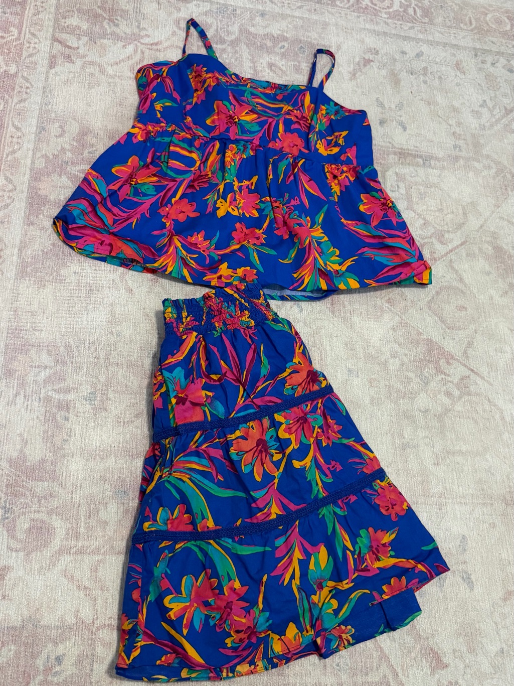 J. Crew Multicolor Smocked Cotton Top And Skirt Blue, Pink, Yellow